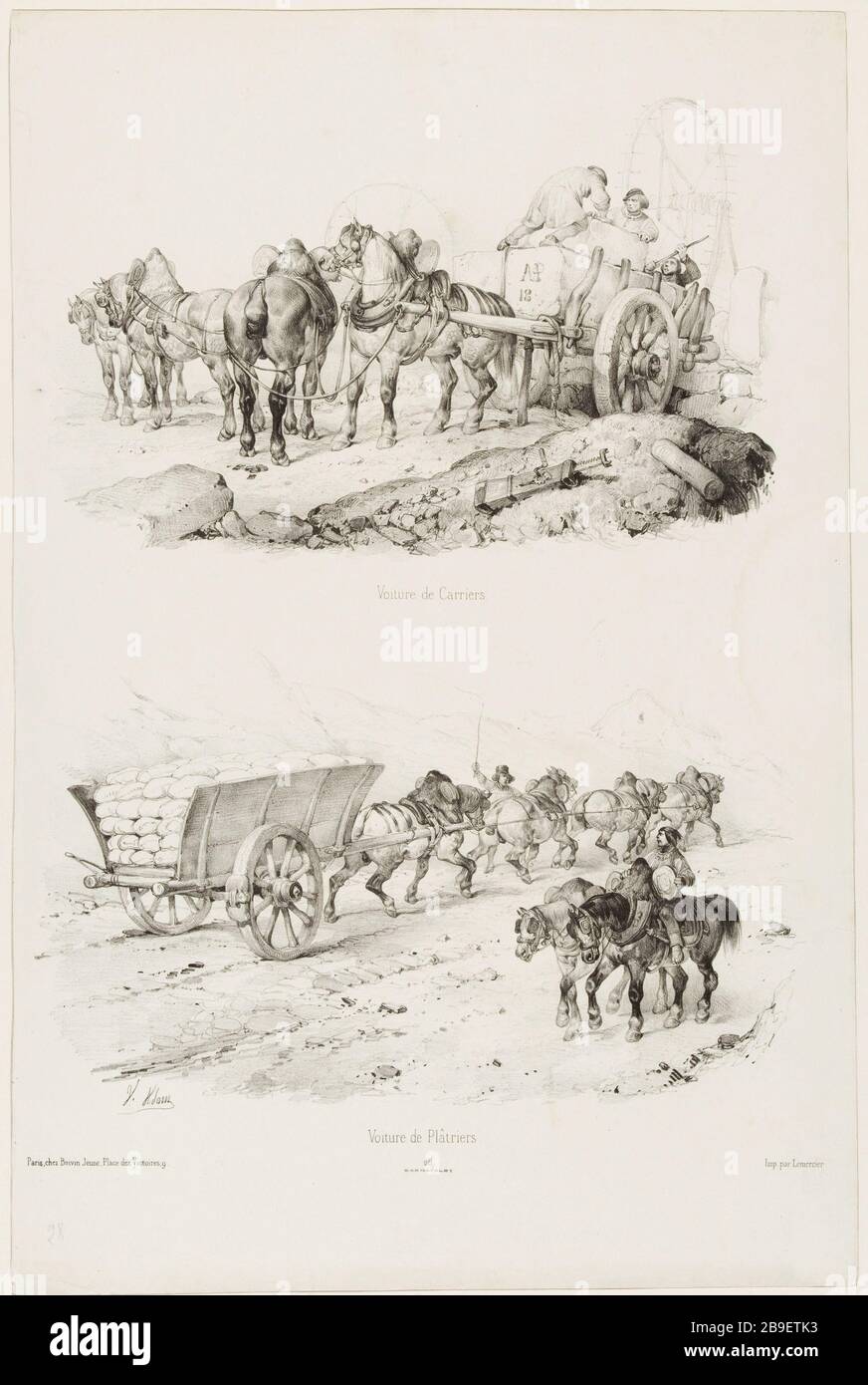 Autosportatrici/cartellatrici Jean-Victor Adam, dit Victor Adam (1801-1866). "Suite de voitures modernes et de chevaux harnachés (pl.28)". Voiture de carriers et voiture de plâtriers. Lithographie. Parigi, musée Carnavalet. Foto Stock