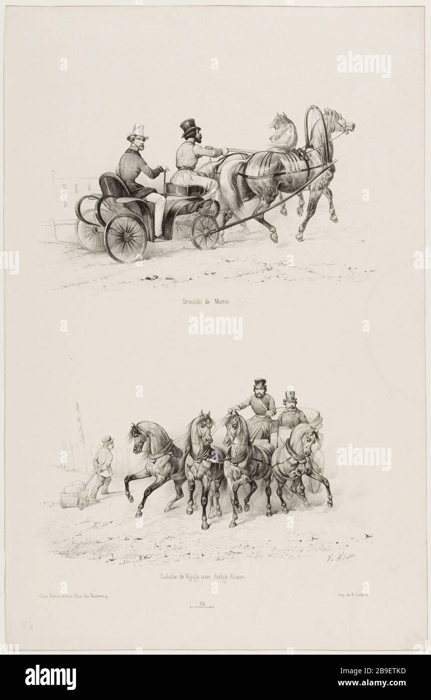 Droschki master / viaggio carrozza con attacco russo Jean-Victor Adam, dit Victor Adam (1801-1866). "Suite de voitures modernes et de chevaux harnachés (pl.24)". Droschki de maître et calèche de voyage avec attelage russe. Lithographie. Parigi, musée Carnavalet. Foto Stock