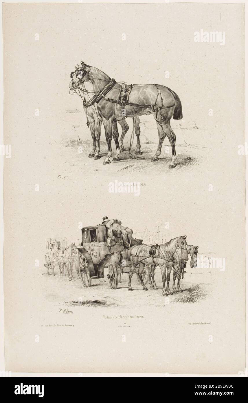 Cavalli imbrigliati / sedili auto, chiamato cabine Jean-Victor Adam, il dit Victor Adam (1801-1866). 'Suite de voitures modernes et de chevaux harnachés (pl. 4)'. Chevaux harnachés/ voitures de Places, dites fiacres. Lithographie. Parigi, musée Carnavalet. Foto Stock