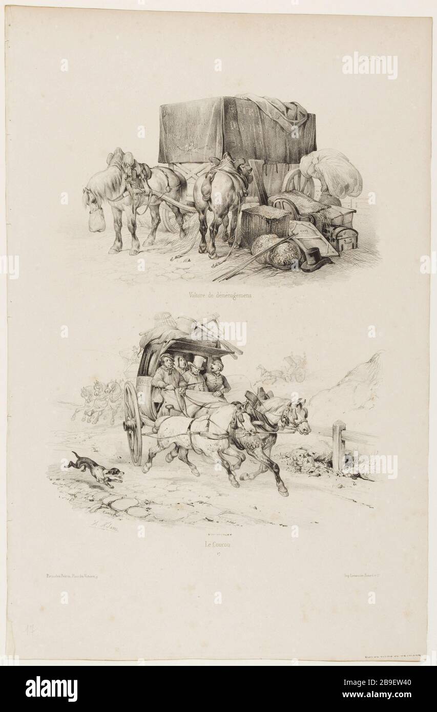 Auto in movimento / a cucù Jean-Victor Adam, dit Victor Adam (1801-1866). "Suite de voitures modernes et de chevaux harnachés (pl 17)". Voiture de déménagement/le Coucou. Lithographie. Parigi, musée Carnavalet. Foto Stock
