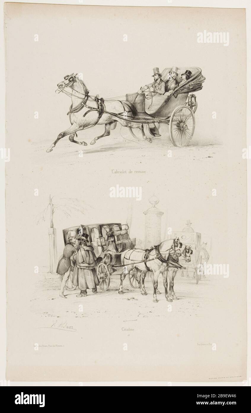 Sconto / città Cabriolet Jean-Victor Adam, dit Victor Adam (1801-1866). "Suite de voitures modernes et de chevaux harnachés (pl 15)". Cabriolet de remise/citadine. Lithographie. Parigi, musée Carnavalet. Foto Stock