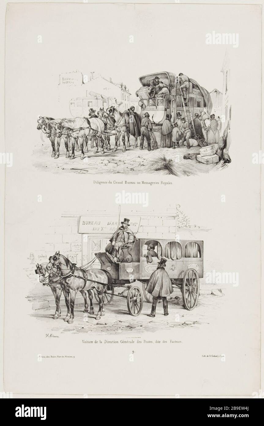 Diligenza delle posizioni generali di amministrazione dell'automobile/dell'ufficio grande, fattori conosciuti Jean-Victor Adam, il Victor Adam del dit (1801-1866). 'Suite de voitures modernes et de chevaux harnachés (pl. 9)'. Diligence du Grand Bureau/ voiture de la Direction générale des postes, dite des facteurs. Lithographie. Parigi, musée Carnavalet. Foto Stock