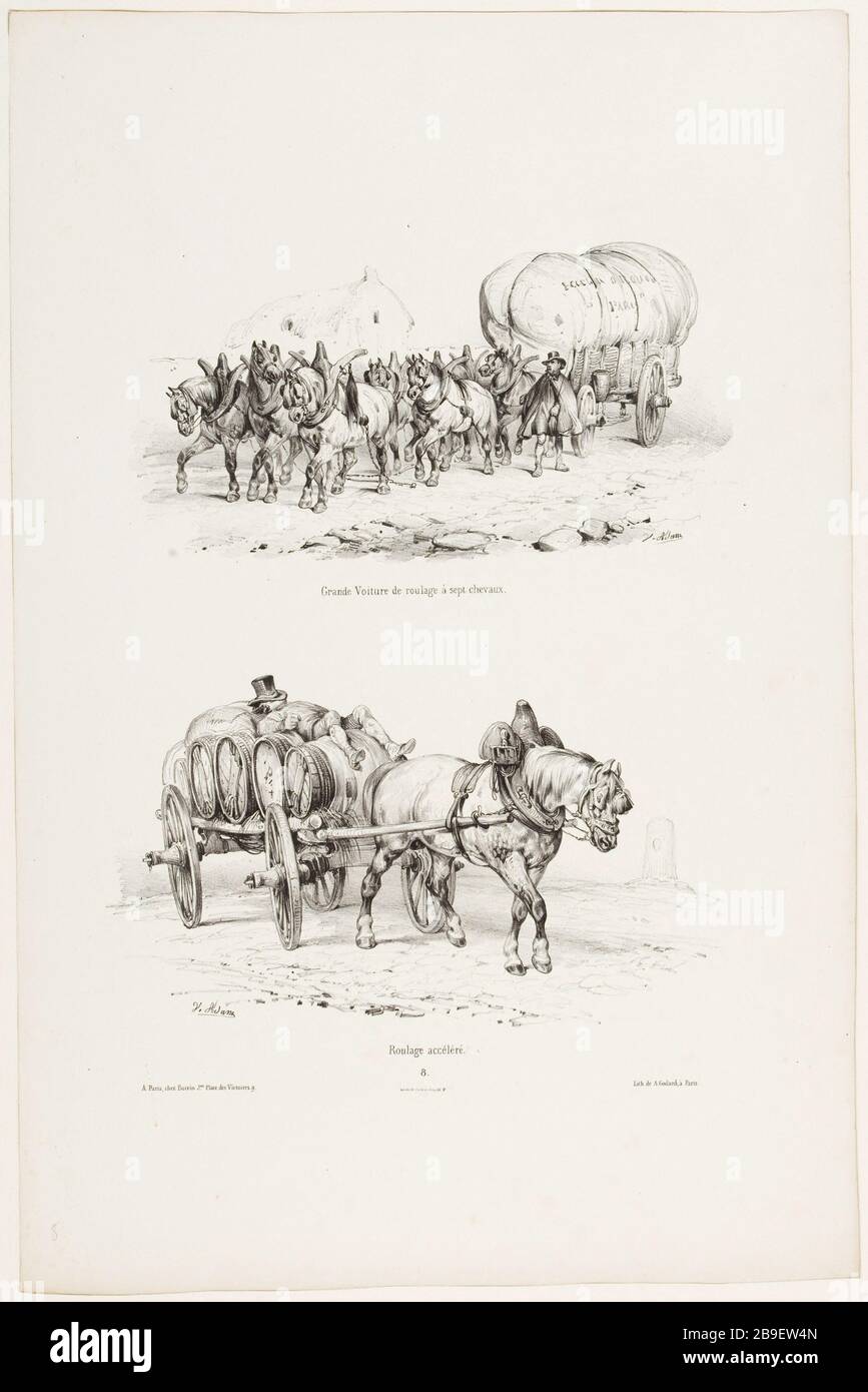 Grande auto da corsa in sette cavalli / accelerato rotolamento Jean-Victor Adam, il dit Victor Adam (1801-1866). 'Suite de voitures modernes et de chevaux harnachés (pl. 8)'. Grande voiture de roulage à sept chevaux/ roulage accéléré. Lithographie. Parigi, musée Carnavalet. Foto Stock