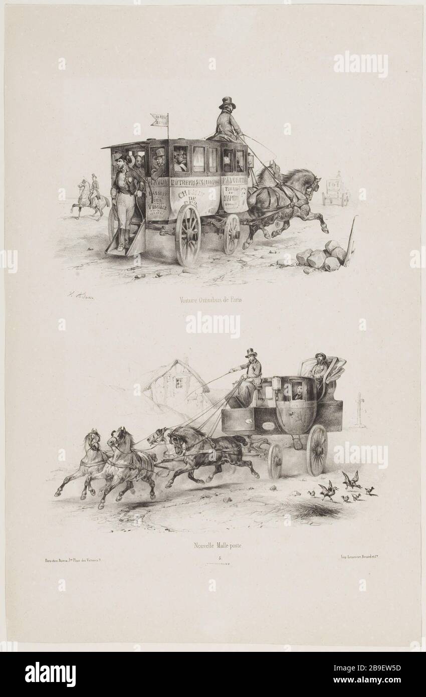 Auto omnibus Parigi / nuovo pullman di posta Jean-Victor Adam, dit Victor Adam (1801-1866). 'Suite de voitures modernes et de chevaux harnachés (pl. 5)'. Voitures omnibus de Paris/ nouvelle malle-poste. Lithographie. Parigi, musée Carnavalet. Foto Stock