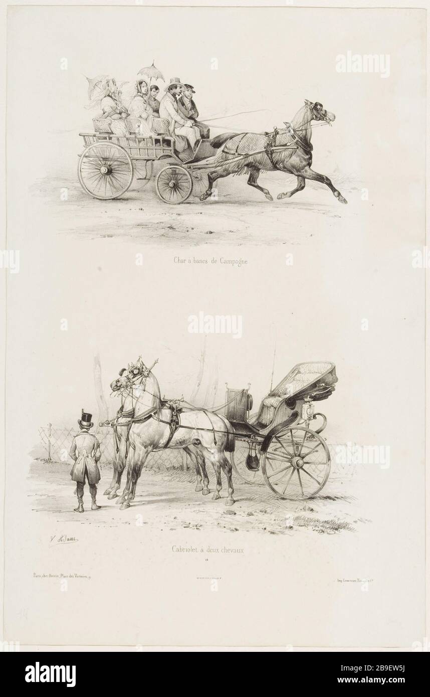 Sabbia campagna panche / cabriolet con due cavalli Jean-Victor Adam, dit Victor Adam (1801-1866). 'Suite de voitures modernes et de chevaux harnachés (pl. 14)'. Char à bancs de campagne/cabriolet à deux chevaux. Lithographie. Parigi, musée Carnavalet. Foto Stock