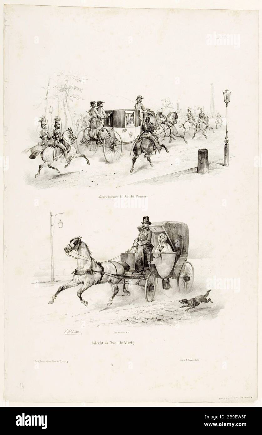 Auto del Re di francese / convertibile spazio (chiamato Milord) Jean-Victor Adam, il dit Victor Adam (1801-1866). 'Suite de voitures modernes et de chevaux harnachés (pl. 19)'. Voiture du Roi des Français/cabriolet de Place (dit Milord). Lithographie. Parigi, musée Carnavalet. Foto Stock