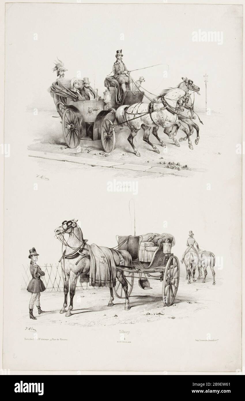 Calèche/ Tilbury Jean-Victor Adam, dit Victor Adam (1801-1866). 'Suite de voitures modernes et de chevaux harnachés (pl. 2)'. Calèche/Tilbury. Lithographie. Parigi, musée Carnavalet. Foto Stock