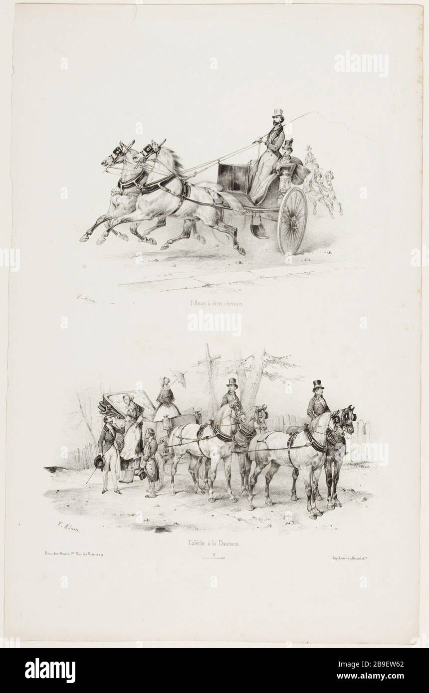 Tilbury ha due cavalli / carrozza al Daumont Jean-Victor Adam, il dit Victor Adam (1801-1866). 'Suite de voitures modernes et de chevaux harnachés (pl. 1)'. Lithographie. Parigi, musée Carnavalet. Foto Stock