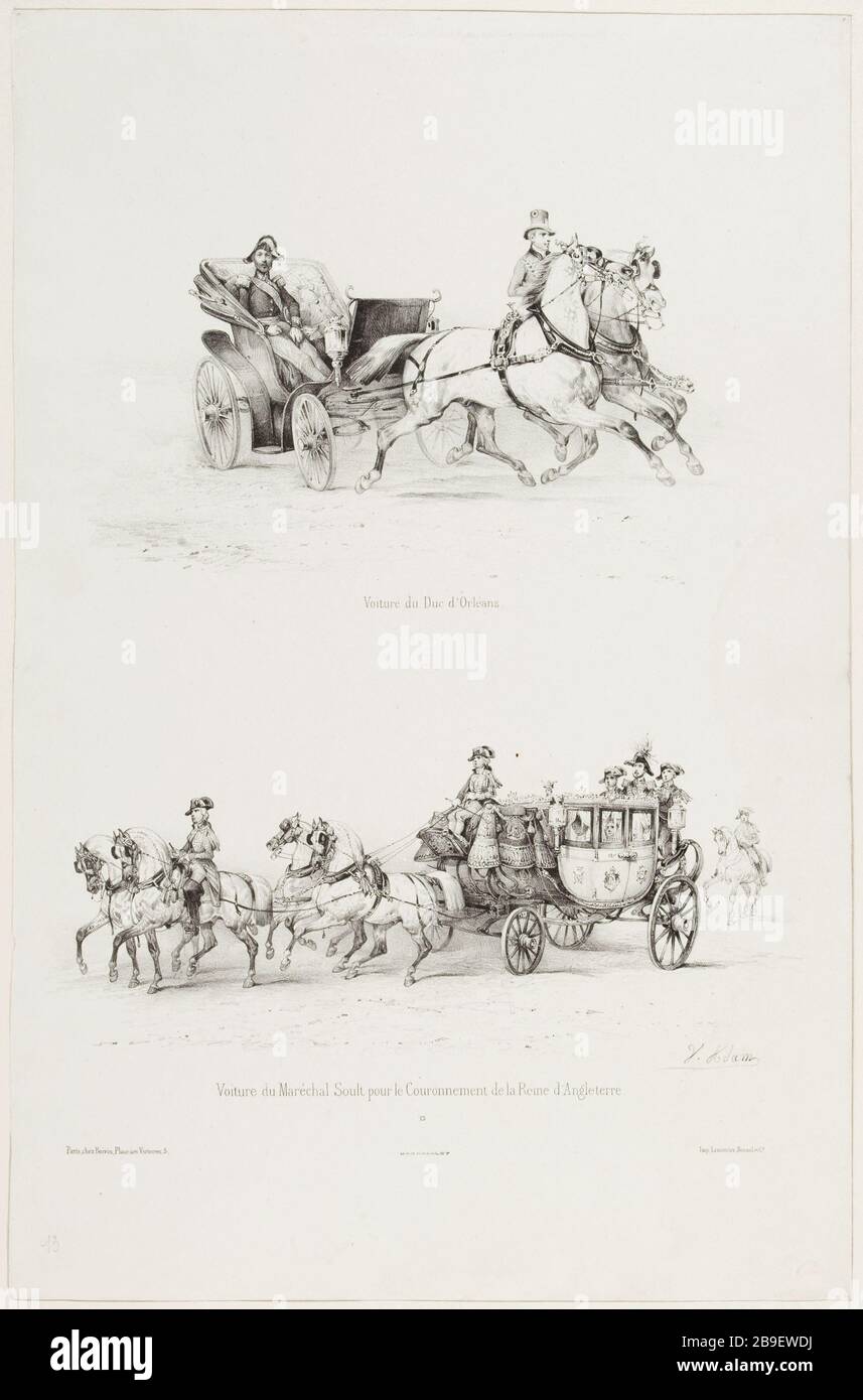 Auto del Duca di Orleans // auto del Maresciallo Soult Jean-Victor Adam, dit Victor Adam (1801-1866). 'Suite de voitures modernes et de chevaux harnachés (pl. 13)'. Voiture du Duc d'Orléans/voiture du Maréchal Soult. Lithographie. Parigi, musée Carnavalet. Foto Stock
