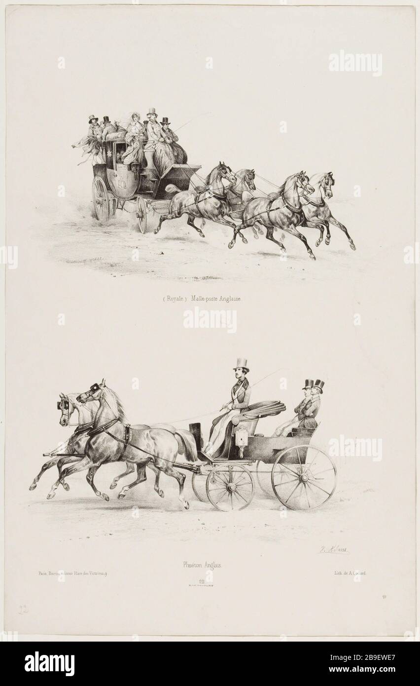 Mail coach Italiano / Inglese Phaeton Jean-Victor Adam, dit Victor Adam (1801-1866). "Suite de voitures modernes et de chevaux harnachés (pl.22)". Malle-poste anglaise et Phaéton anglais. Lithographie. Parigi, musée Carnavalet. Foto Stock