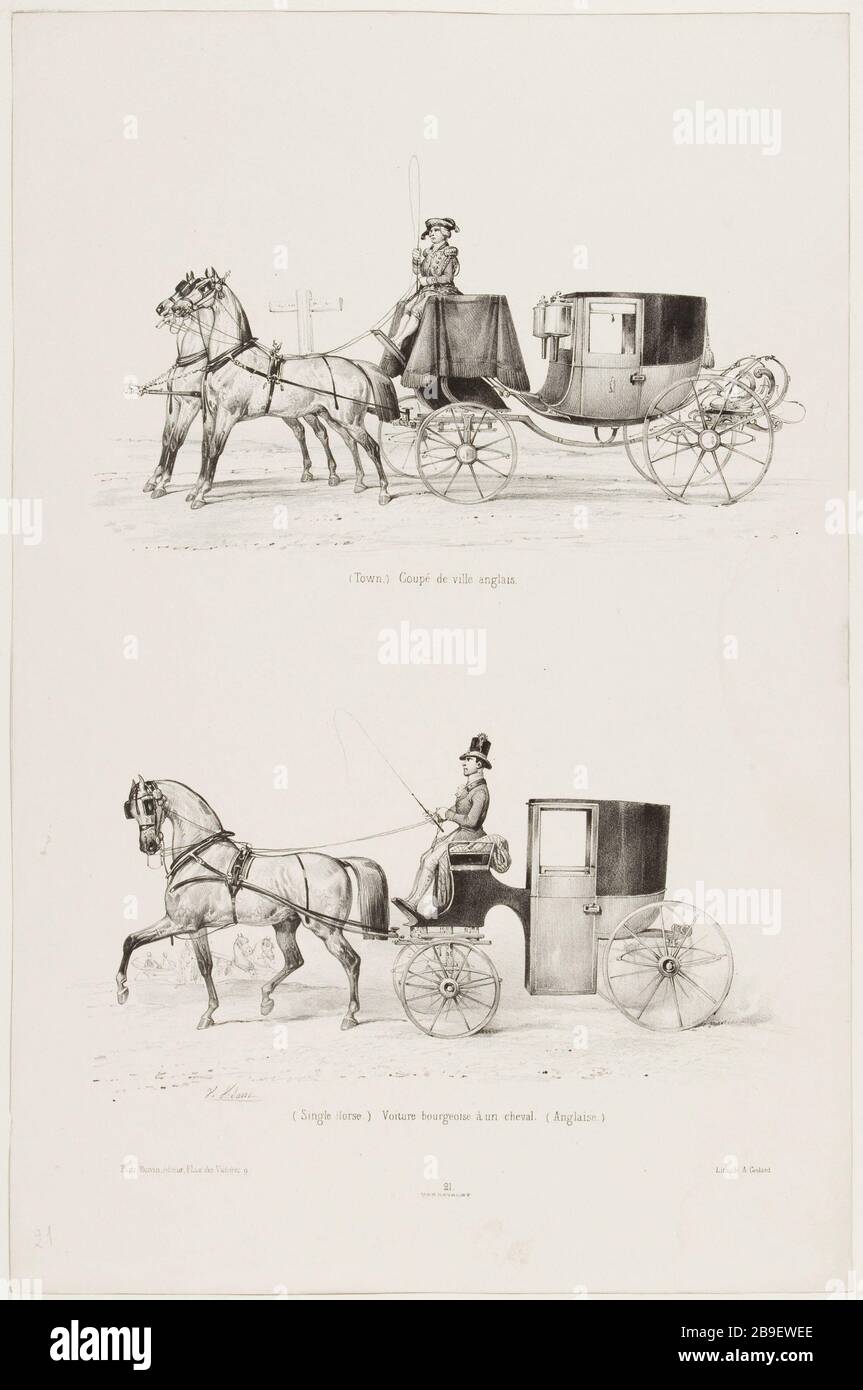 Brougham Inglese / Inglese borghese auto a cavallo Jean-Victor Adam, dit Victor Adam (1801-1866). "Suite de voitures modernes et de chevaux harnachés (pl.21)". Coupe de ville anglais et voiture bourgeoise anglaise à un cheval. Lithographie. Parigi, musée Carnavalet. Foto Stock