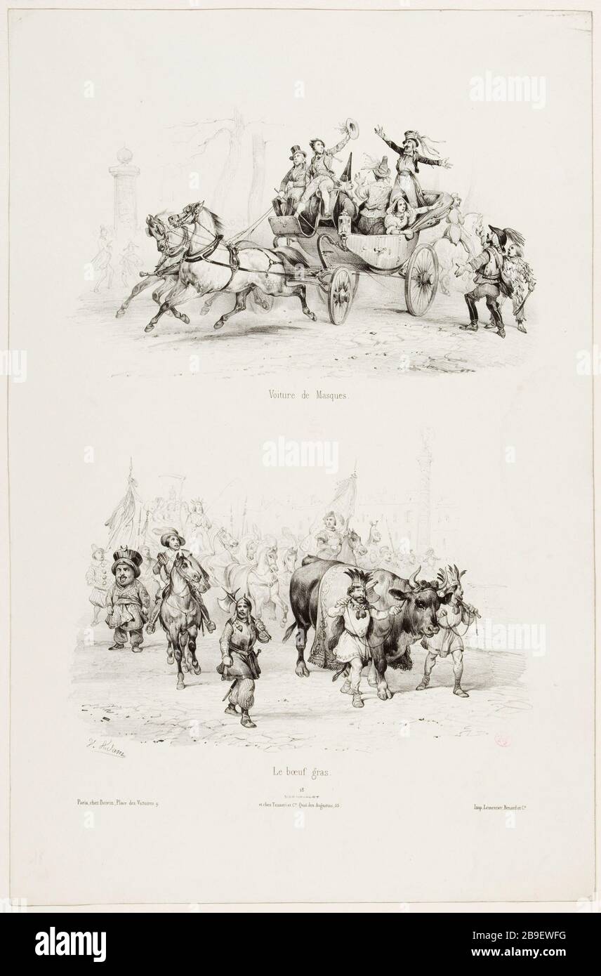 Maschere auto / manzo grasso Jean-Victor Adam, dit Victor Adam (1801-1866). 'Suite de voitures modernes et de chevaux harnachés (pl. 18)'. Voiture de masques/le boeuf gras. Lithographie. Parigi, musée Carnavalet. Foto Stock