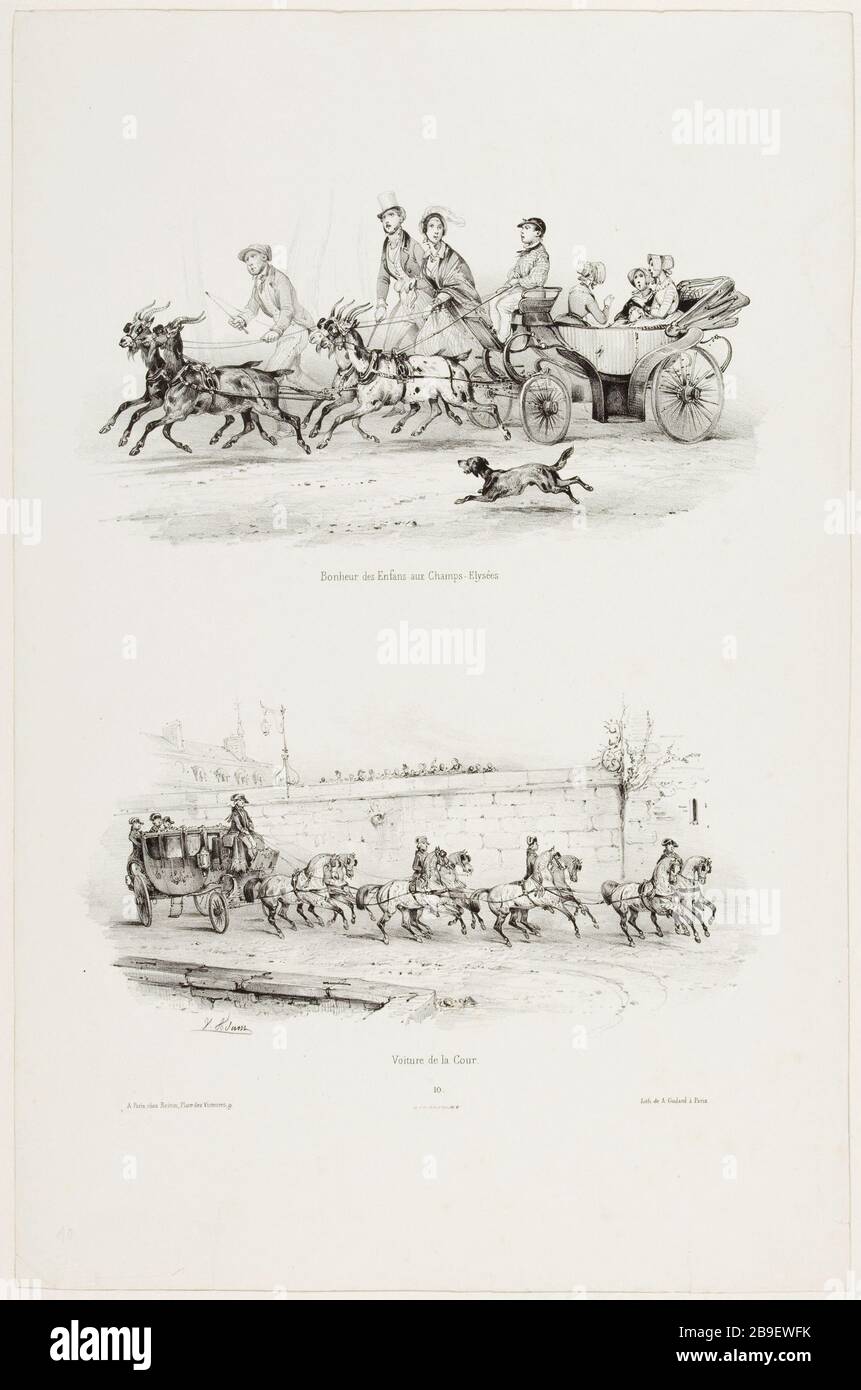 Felicità bambini agli Champs Elysees / auto della Corte Jean-Victor Adam, dit Victor Adam (1801-1866). 'Suite de voitures modernes et de chevaux harnachés (pl. 10 )". Bonheur des enfants aux Champs-Elysées/ voiture de la Cour. Lithographie. Parigi, musée Carnavalet. Foto Stock