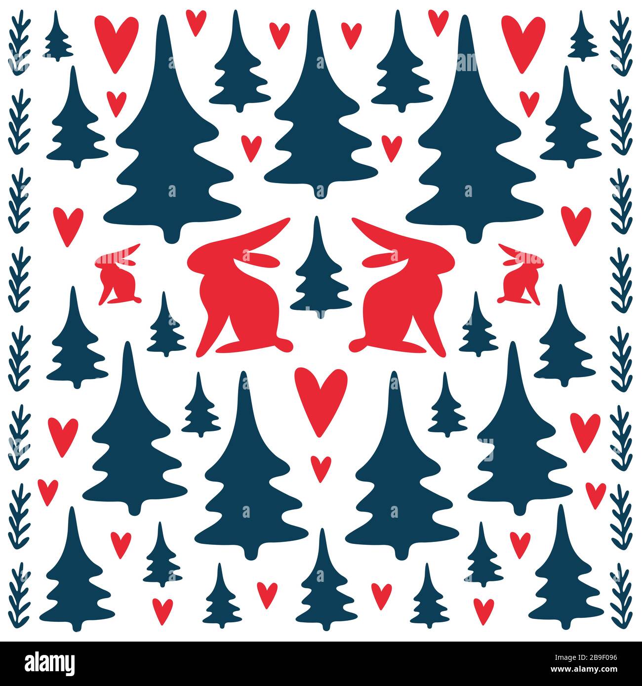 Allegro Natale arte popolare piastrelle piazza. Lepri nella foresta. Immagine speculare. Rosso e blu intenso. Stile scandinavo con conigli e abeti. Folklore Illustrazione Vettoriale