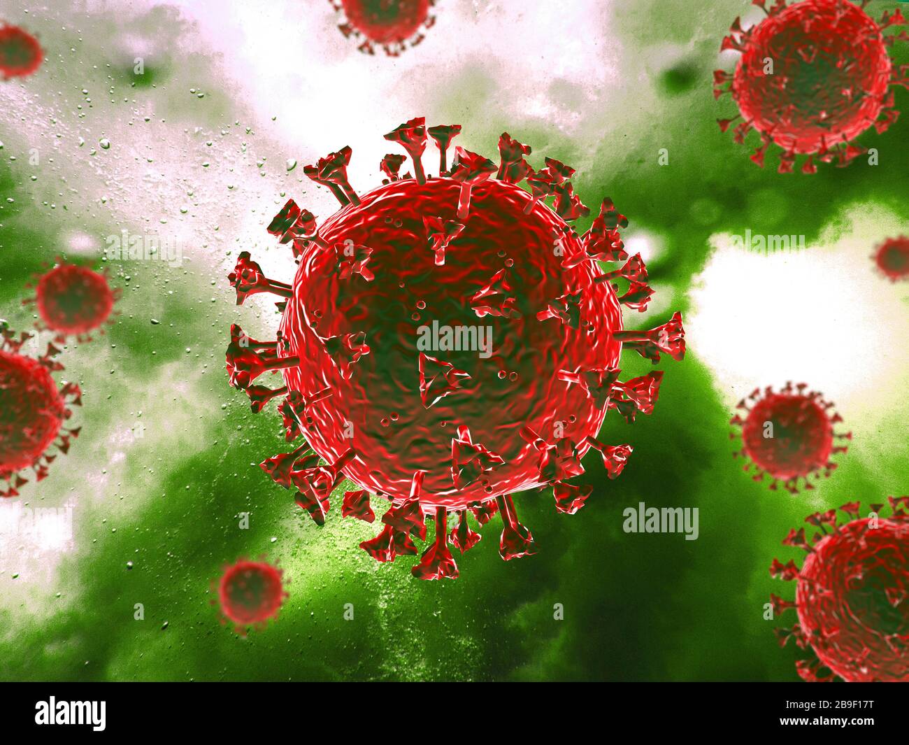 Illustrazione 3D di un coronavirus rosso su sfondo verde. Foto Stock