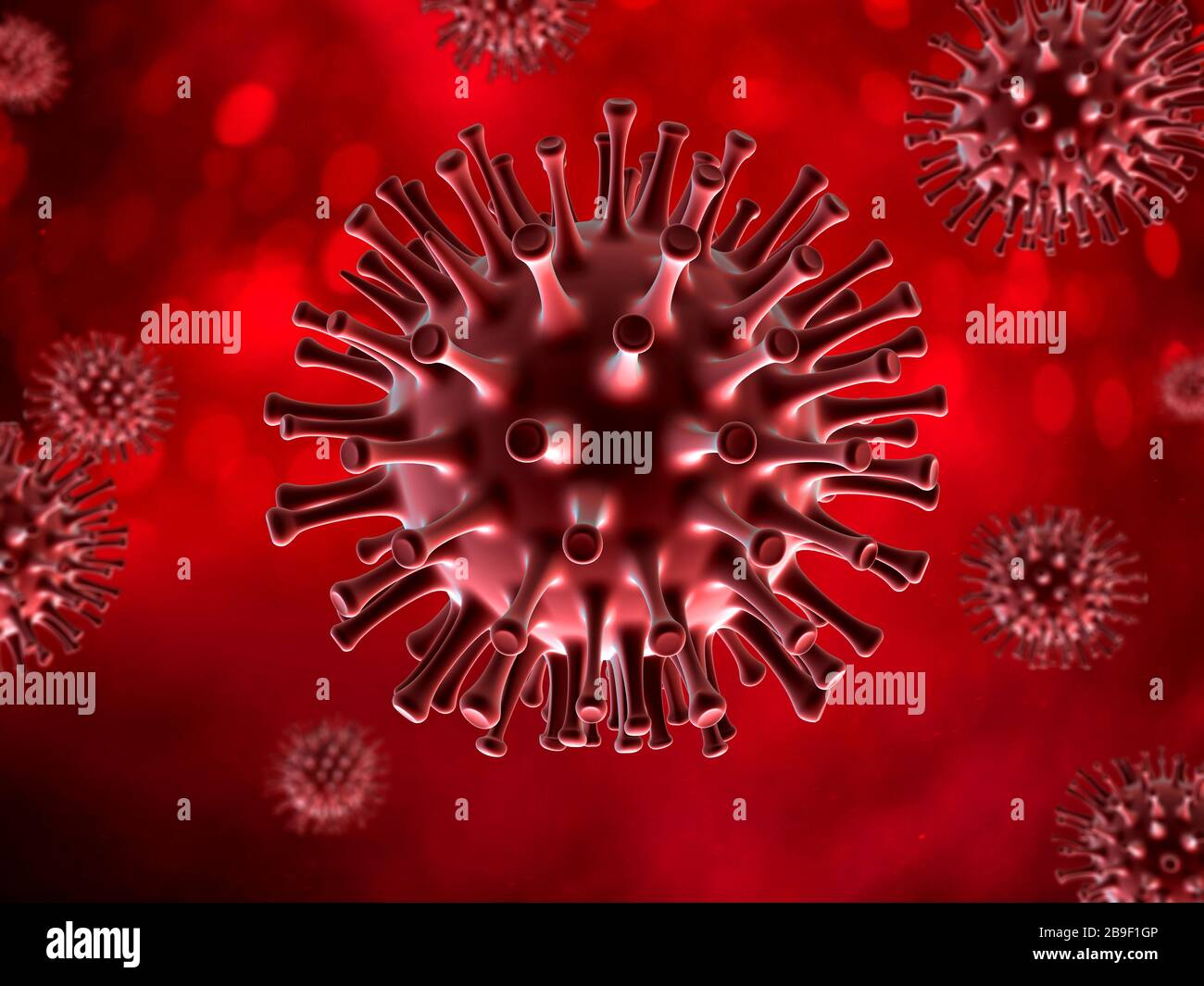 Illustrazione 3D di un coronavirus rosso su sfondo rosso. Foto Stock