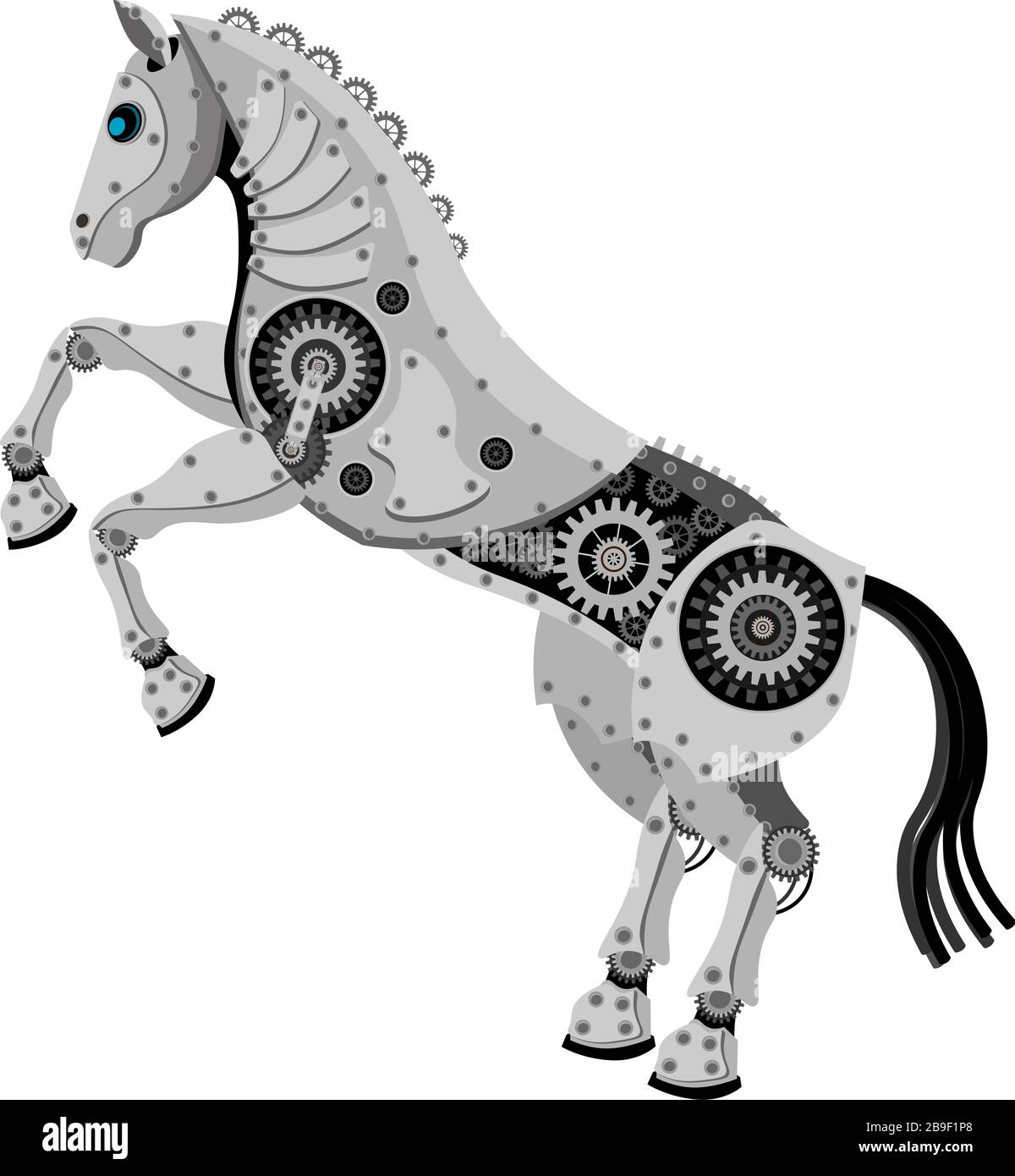 Cavallo nello stile del robot. Cavallo vettoriale meccanico metallico su sfondo bianco isolato. Illustrazione Vettoriale