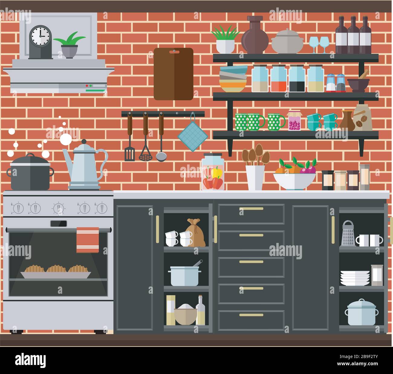 Cucina accogliente con stufa a gas, cappa e mobili da cucina. Illustrazione vettoriale. Illustrazione Vettoriale