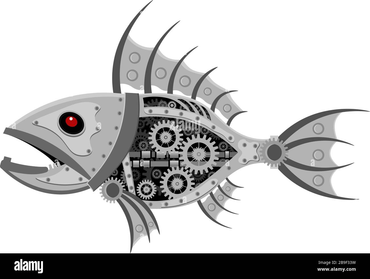 Robot di pesce steampunk. Illustrazione vettoriale insolita del meccanismo del modello animale. Illustrazione Vettoriale