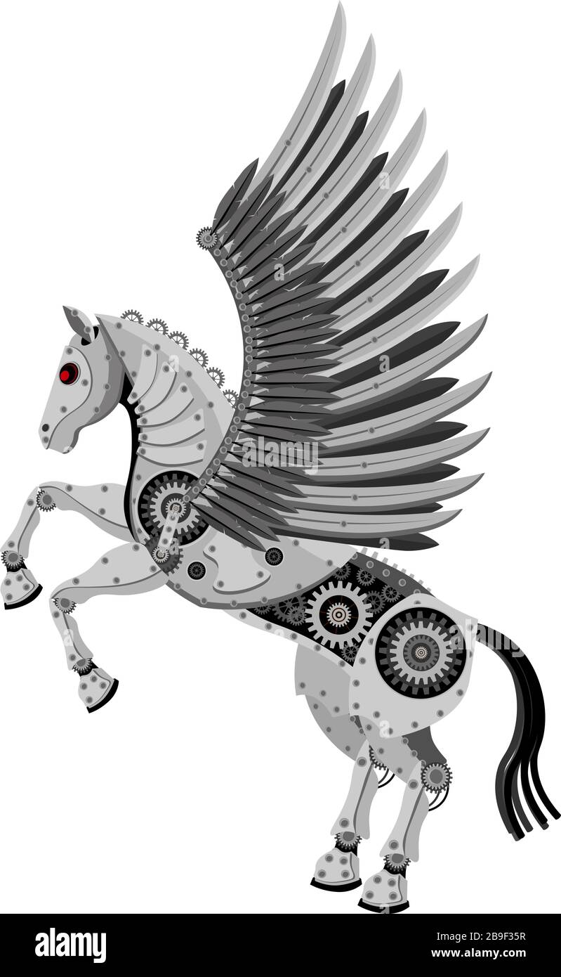 Fantastico cavallo Pegasus nello stile di un robot meccanico. Illustrazione vettoriale di un cavallo alato su sfondo bianco isolato. Illustrazione Vettoriale