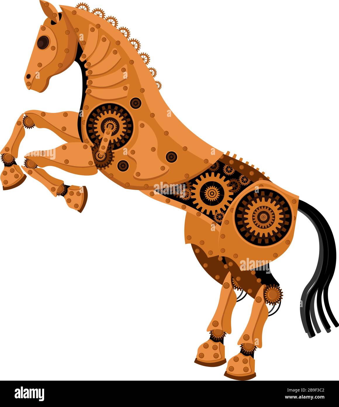Cavallo vettore steampunk. Animale meccanico su fondo bianco isolato. Illustrazione Vettoriale
