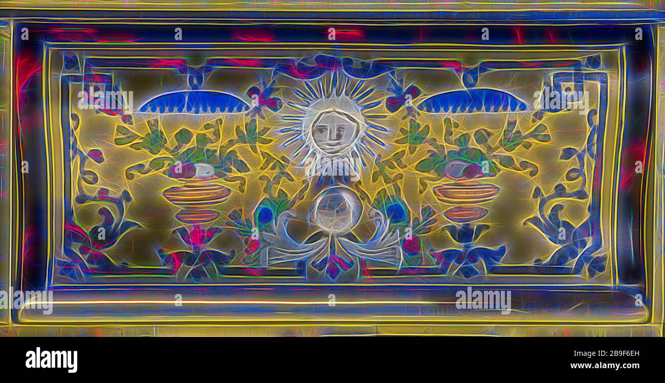 Supporto di scrittura (Gradin), francese, Francia, 1692 - 1700 circa, quercia e noce impiallacciati con ottone, rame, argento, ebano, corno verniciato (alcuni posati su lamina d'oro), madreperla, E tortoiseshell, montaggi in bronzo argentato, velluto di seta, 19,1 x 84,5 x 19,1 cm (7 1,2 x 33 1,4 x 7 1,2 poll., reimmaginata da Gibon, design di calore allegro di luminosità e raggi di luce radianza. Arte classica reinventata con un tocco moderno. La fotografia ispirata al futurismo, che abbraccia l'energia dinamica della tecnologia moderna, del movimento, della velocità e rivoluziona la cultura. Foto Stock