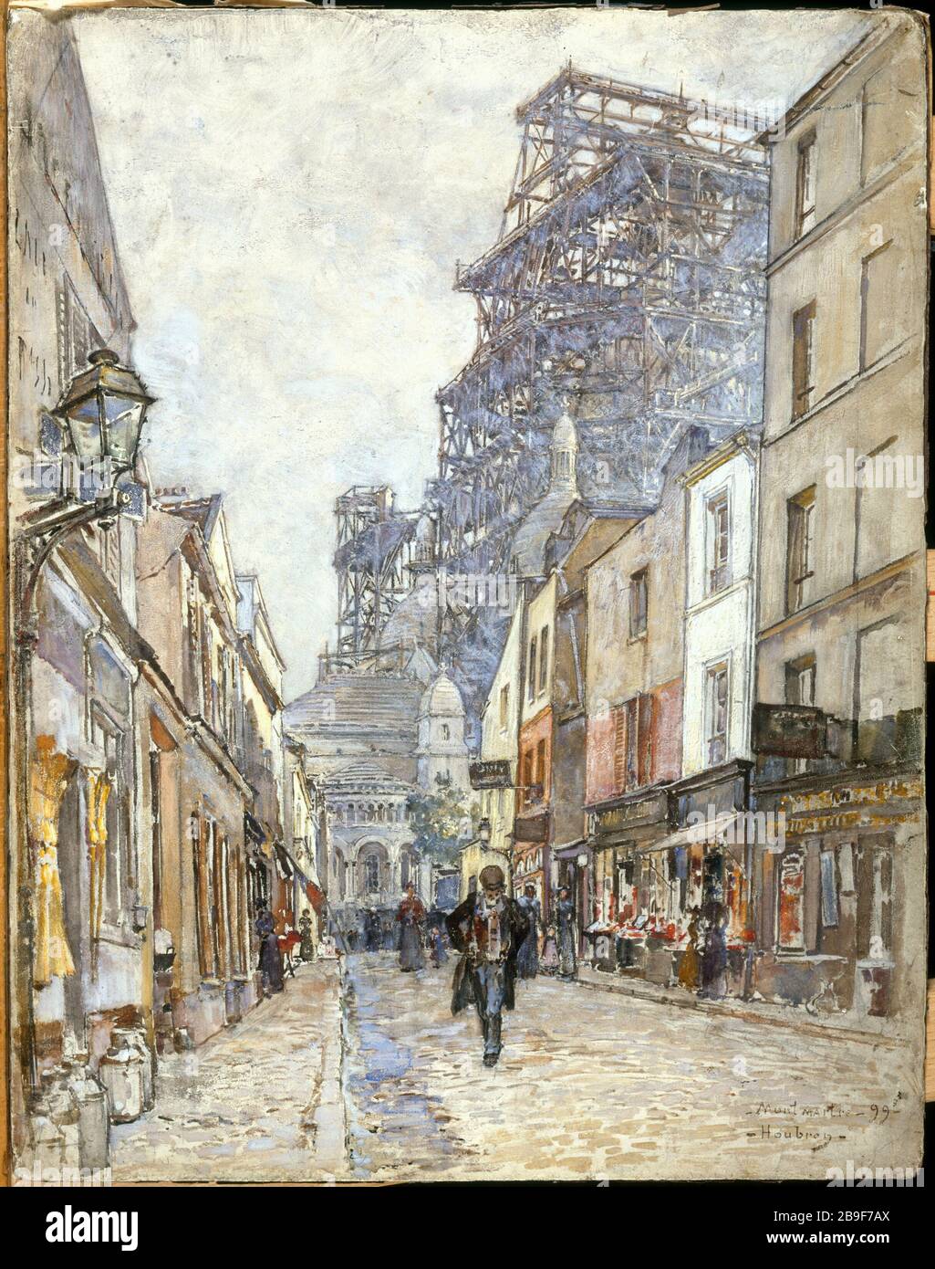 Rue du Chevalier de la barre, con il Sacro cuore, in costruzione Frédéric-Anatole Houbron (1851-1908). "La rue du Chevalier-de-la-barre, avec le Sacré-Coeur, en construction". Peinture sur enduit sur cartone, 1899. Parigi, musée Carnavalet. Foto Stock