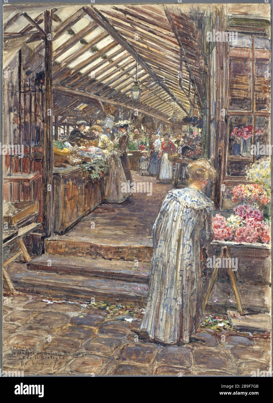 MERCATO BAMBINI ROSSI, STRADA GRAN BRETAGNA Frédéric-Anatole Houbron (1851-1908). "Le marché des Enfants rouges, rue de Bretagne". Peinture sur enduit frais sur cartone, 1907. Parigi, musée Carnavalet. Foto Stock