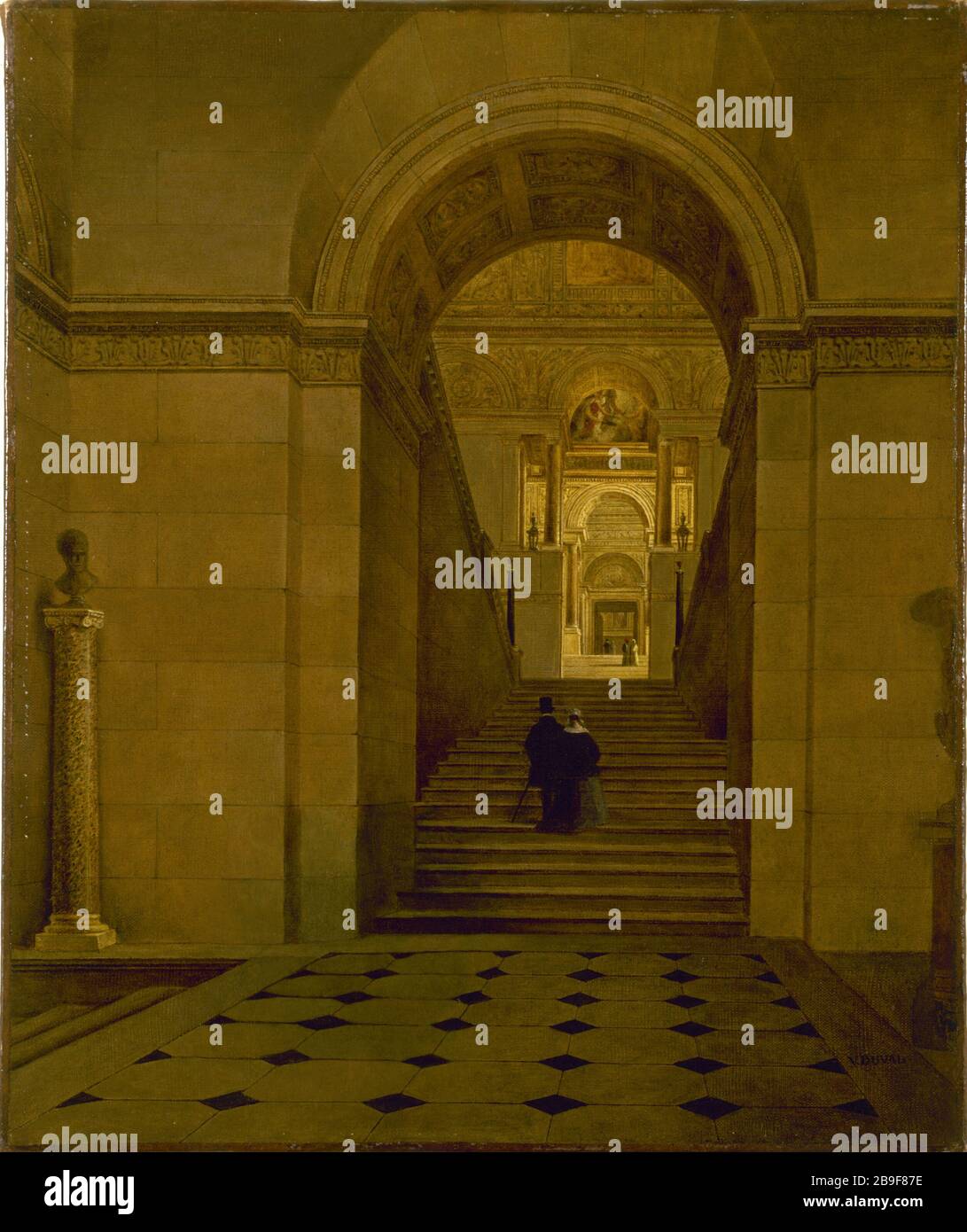 GRAND STAIRS LOUVRE COSTRUITO DA PERCIER VICTOR DUVAL. "Le Grand escier du Louvre, construit par Charles Percier en 1805". Huile sur toile, 1885. Parigi, musée Carnavalet. Foto Stock