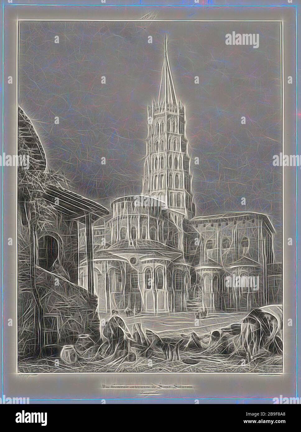 Languedoc, Vue générale extérieure de Saint Saturnin, Languedoc, Voyages pittoresques et romantiques dans l'ancienne France, Chapuy, Nicolas-Marie-Joseph, 1790-1858, Engelmann, G. (Godefroy), 1788-1839, Nodier, Charles, 1780-1844, Lithography, 1833, in basso a sinistra: Illuminazione calda e Rebon. Arte classica reinventata con un tocco moderno. La fotografia ispirata al futurismo, che abbraccia l'energia dinamica della tecnologia moderna, del movimento, della velocità e rivoluziona la cultura. Foto Stock