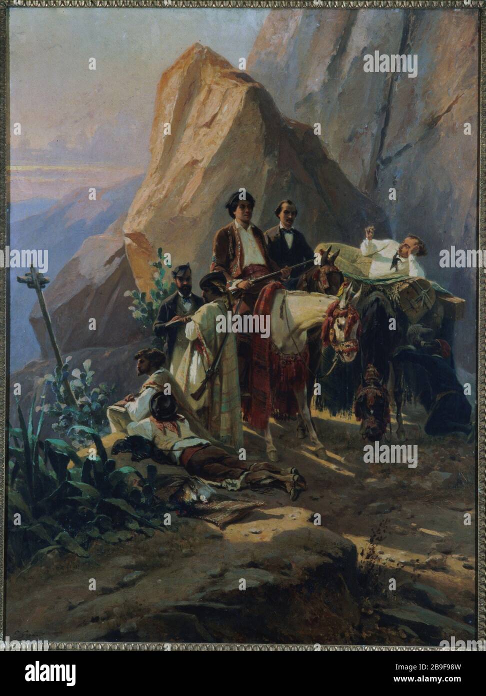 Ricorda il viaggio da Parigi a Cadice realizzato nel 1846 da Alexandre Dumas e dai suoi amici Eugène Giraud (1806-1881). 'Souvenir du voyage de Paris à Cadix fait, en 1846, par Alexandre Dumas et ses amis (de gauche à droite : le guide couché, de dos, Adolphe Desbarolles, Eugène Giraud, Alexandre Dumas fils, Alexandre Dumas père, Auguste Maquet, Louis Boulanger et 'Eau de Benjoin', le domillestique, dos'). Huile sur bois. Parigi, musée Carnavalet. Foto Stock