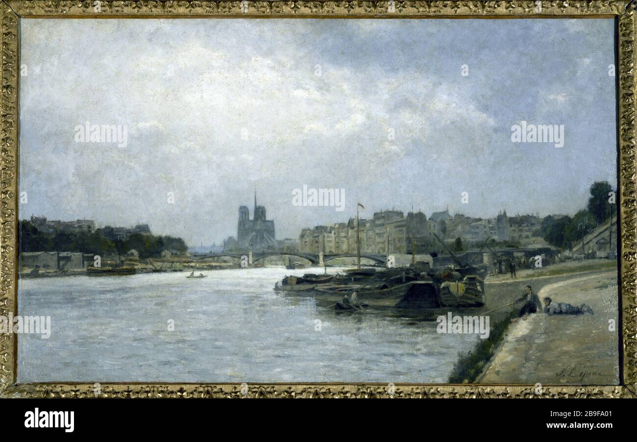 CITTÀ DELL'ISOLA E L'ISOLA SAINT-LOUIS BRIDGE VISTE DI AUSTERLITZ STANISLAS LEPINE (1835-1892). "L'île de la Cité et l'île Saint-Louis vues du pont d'Austerlitz". Huile sur toile. Parigi, musée Carnavalet. Foto Stock