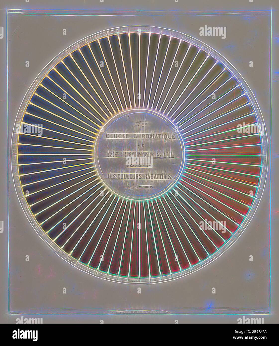 3ème cercle cromatique de MR. Chevreul, Des couleurs et de leurs applications aux Arts industriels à l'aide des cercles cromatiques, Chevreul, M. E. (Michel Eugène), 1786-1889, Digeon, René, Steel incising, 1864, stampato a colori, Reimagined by Gibon, design di calore allegro di luminosità e raggi di luce radianza. Arte classica reinventata con un tocco moderno. La fotografia ispirata al futurismo, che abbraccia l'energia dinamica della tecnologia moderna, del movimento, della velocità e rivoluziona la cultura. Foto Stock