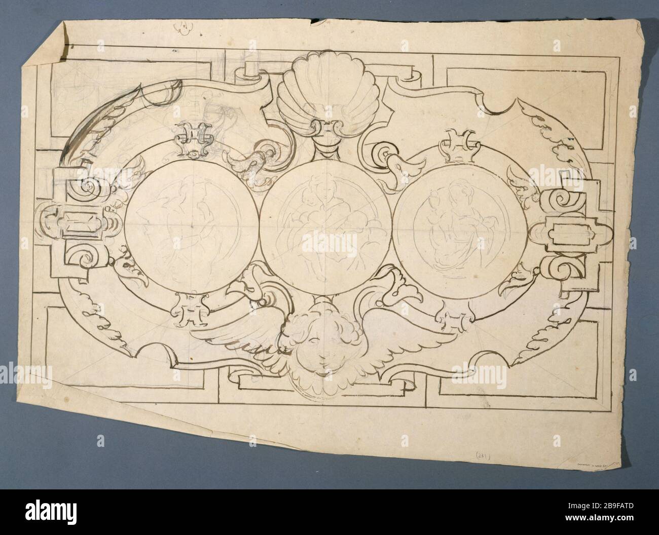 DESIGN IN VETRO COLORATO: CHEVREUSE - TRE MEDAGLIONI ROTONDI PROSPER LAFAYE (1806-1883). "Essin de vitrail : Chevreuse - trois médaillons ronds, entre 1845 et 1875". Parigi, musée Carnavalet. Foto Stock