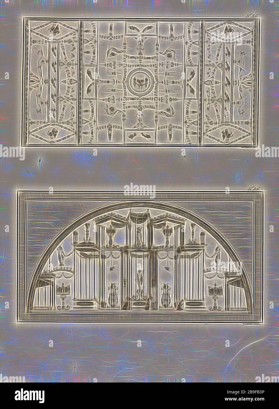 Planche 36: Sourdine de la Voute de la chambre numerotee 30., Planche 35: Voute peinte en Fonds blanc, Planche 36: Sourdine de la Voute de la chambre numerotee 30. Descrizione des bains de Tito, ou, Collection des peintures trouvées dans les ruines des thermes de cet empereur, Félice, Fortuné Barthélemy de, 1723-1789, Ponce, Nicolas, 1746-1831, Engraving, 1786, situato a pagina 61, da un'edizione francese del 18th secolo di dipinti e decorazioni murarie romane, immaginata da Gibon, design di calore allegro di luminosità e raggi di luce radianza. Arte classica reinventata con un tocco moderno. P Foto Stock