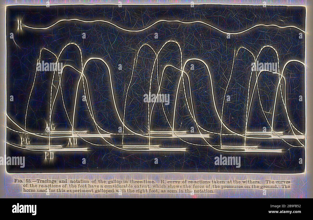 Tracciati e notazione del galoppo in tre tempi ... Meccanismo animale: Un trattato sulla locomozione terrestre e aërial, Marey, Etienne-Jules, 1830-1904, Engraving, 1874, con centocinet illustrazioni, disegnato e inciso sotto la direzione dell'autore--T.P. Illustrator sconosciuto, Reimagined by Gibon, design di calore allegro di luminosità e raggi di luce radianza. Arte classica reinventata con un tocco moderno. La fotografia ispirata al futurismo, che abbraccia l'energia dinamica della tecnologia moderna, del movimento, della velocità e rivoluziona la cultura. Foto Stock