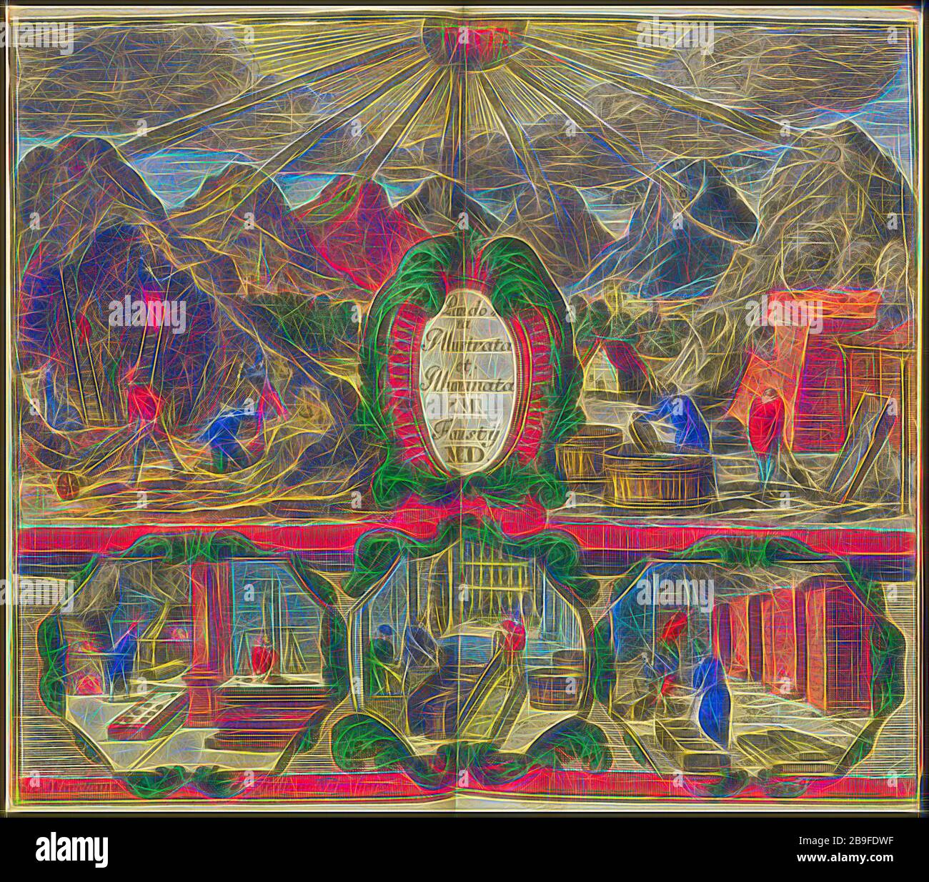 Pandora illustrata et illuminazione I.M Faustÿ M.D. Joh. Michaelis Faustij Compendium alchymist. novum, sive, Pandora explicata e figuris jllustrata, das ist, Die edelste Gabe Gottes, oder, Ein güldener Schatz, Faust, Johann Michael, 1663-1707, Marchand, Johann Christian, 1680-1711, Engraving, Hand-colored, 1706, L.C. Marchand fa, in Nürnberg--in basso a sinistra, Reimagined by Gibon, il design di calore allegro di luminosità e raggi di luce radianza. Arte classica reinventata con un tocco moderno. Fotografia ispirata al futurismo, che abbraccia l'energia dinamica della tecnologia moderna, del movimento, della velocità e del rev Foto Stock