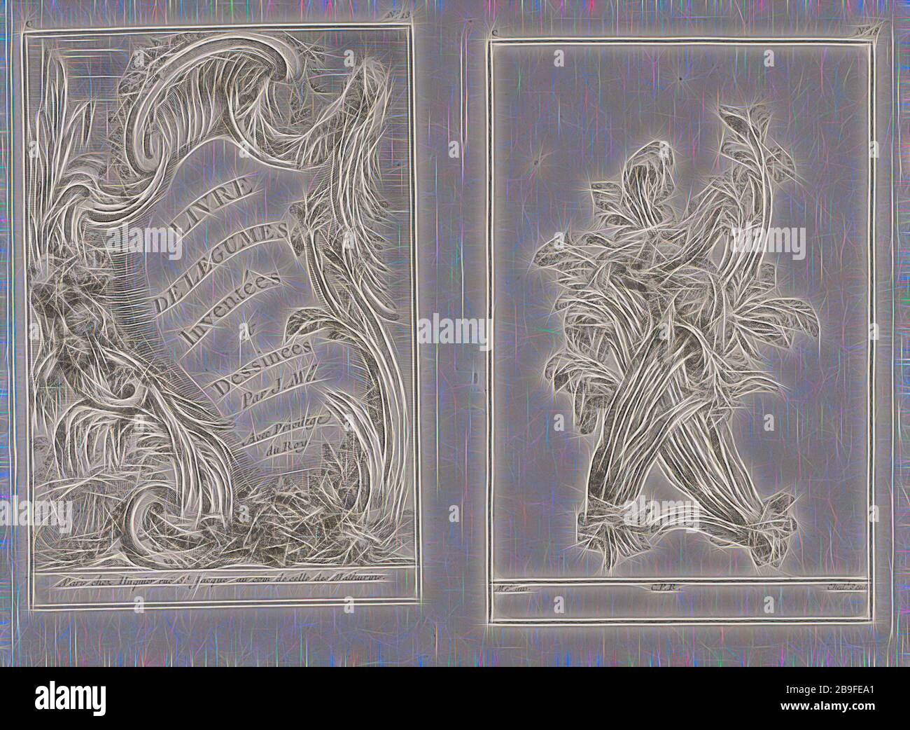 Piatti C13 e C18 dal Livre de légumes inventées et dessinées par J. Me.r, Chedel, Pierre Quentin, 1705-1763, Huquier, Gabriel, 1695-1772, Meissonnier, Juste Aurèle, ca. 1693-1750, acquaforte, 1734-1742, il titolo foglia e quinta piastra dal terzo libro del Oeuvre de Juste Aurelle Meissonnier..., una suite di disegni per ornamenti vegetali. Didascalie/iscrizioni: C, N° 13, C, N° 18--sopra le immagini. Me.r inv., C.P.R., Ched.l Scul.--in margine inferiore del piatto 18, Reimagined by Gibon, disegno di calore allegro di luminosità e raggi di luce radianza. L'arte classica reinventata con uno twis moderno Foto Stock