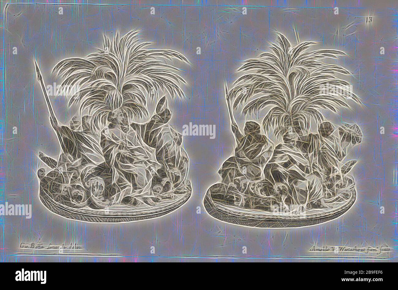 Trionfi o sculture di zucchero che personificano le virtù, Raggvaglio della solenne comparsa, fatta in Roma gli otto di gennaio MDCLXXXVII. dallâ illvstrissimo, et Eccellentissimo signor conte di Castelmaine ambasciadore straordinario della Sagra Real Maestà di Giacomo Secondo rè d'Inghilterra, Scozia, Francia, et Ibernia, difensore della fede alla Santa Sede Apostolica, evengono pvblicamente all'vdienza della santità di Nostro Signore Papa Innocenzo Vndecimo, Lenardi, Giovanni Battista, 1656-1704, Westerhout, Arnold van, 1651-1725, Wright, John Michae, ca. 1617-ca. 1694, attacco, 1687?, la tabella scul Foto Stock