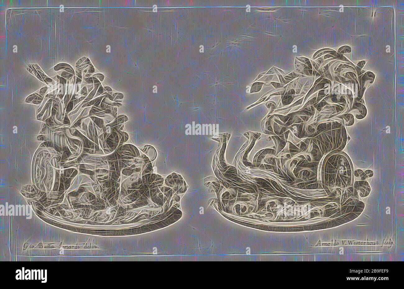 Trionfi o zucchero di sculture di Cibele ed a Giunone, Raggvaglio della solenne comparsa, fatta in Roma gli otto di gennaio MDCLXXXVII. dallâ illvstrissimo, et Eccellentissimo signor conte di Castelmaine ambasciadore straordinario della Sagra Real Maestà di Giacomo Secondo rè d'Inghilterra, Scozia, Francia, et Ibernia, difensore della fede alla Santa Sede Apostolica, evengono pvblicamente all'vdienza della santità di Nostro Signore Papa Innocenzo Vndecimo, Lenardi, Giovanni Battista, 1656-1704, Westerhout, Arnold van, 1651-1725, Wright, John Michae, ca. 1617-ca. 1694, attacco, 1687?, la tabella di scolpire Foto Stock