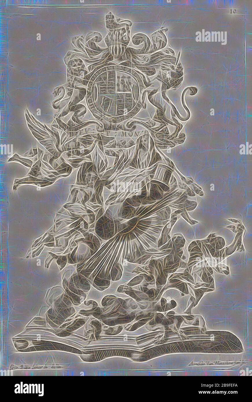 Centrotavola o zucchero di scultura che personificano il trionfo del cattolicesimo in Inghilterra, Raggvaglio della solenne comparsa, fatta in Roma gli otto di gennaio MDCLXXXVII. dallâ illvstrissimo, et Eccellentissimo signor conte di Castelmaine ambasciadore straordinario della Sagra Real Maestà di Giacomo Secondo rè d'Inghilterra, Scozia, Francia, et Ibernia, difensore della fede alla Santa Sede Apostolica, evengono pvblicamente all'vdienza della santità di Nostro Signore Papa Innocenzo Vndecimo, Lenardi, Giovanni Battista, 1656-1704, Westerhout, Arnold van, 1651-1725, Wright, John Michael, ca. 1617-ca. 16 Foto Stock