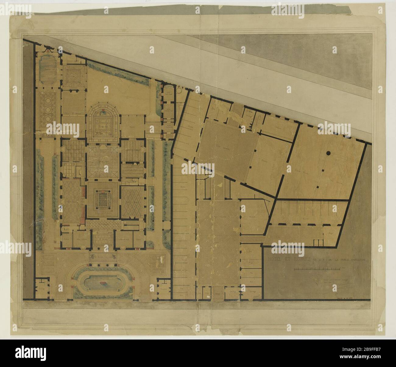 Mappa dell'albergo e le scuderie del Principe Napoleone Alfred Nicolas Normand (1822-1909). Plan de l'hôtel et des écuries du Prince Napoléon. Plume et lavis d'encre de Chine et aquarelle sur papier, 1861-1861. Musée Carnavalet, Histoire de Paris. Foto Stock