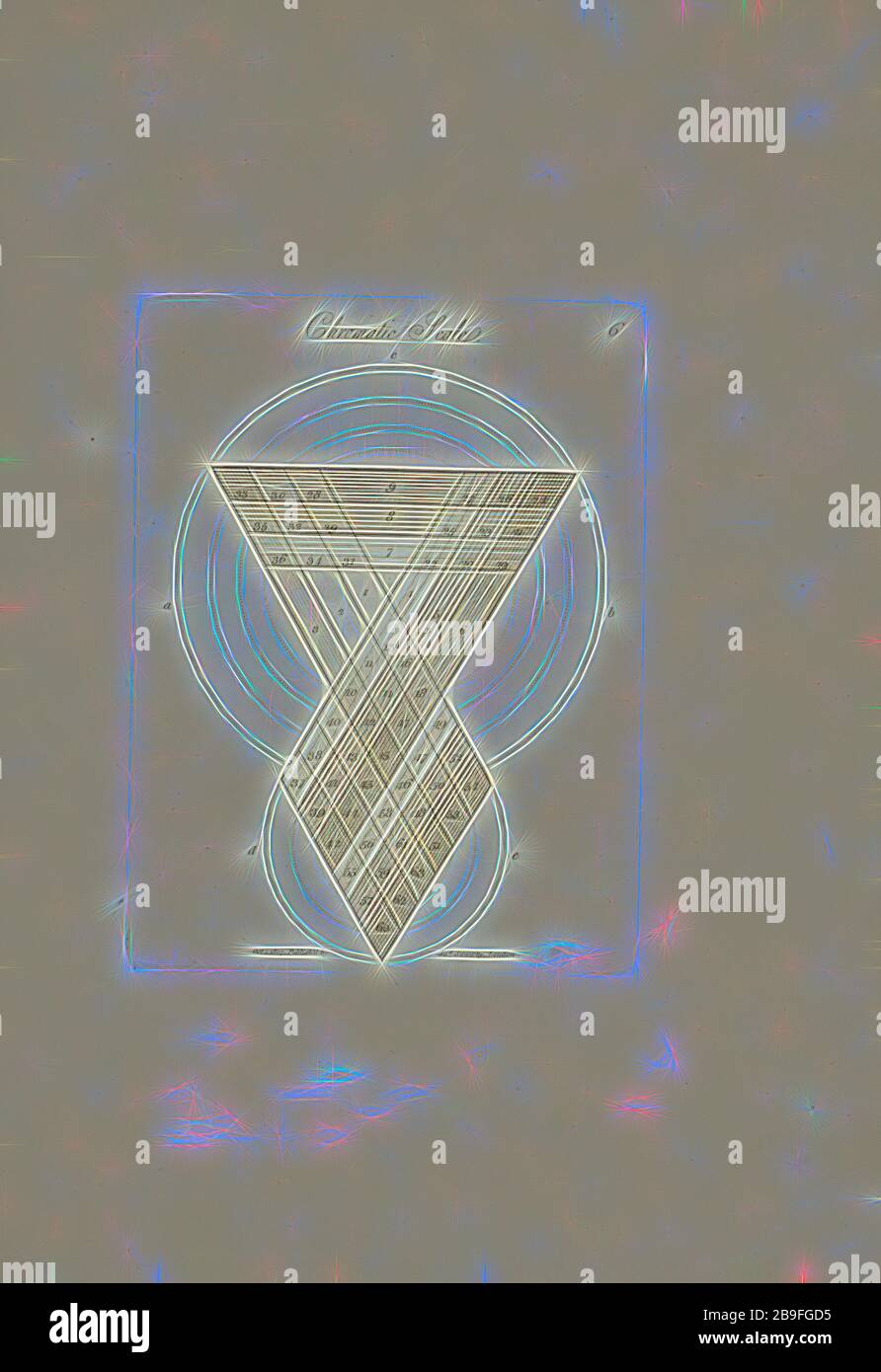 Scheda. 6, una nuova delucidazione dei colori, originali, prismatici e materiali: Mostrando la loro concordanza in tre primitive, gialle, rosse e blu, e i mezzi per produrli, misurarli e miscelarli; Con alcune osservazioni sulla precisione di Sir Isaac Newton, Sowerby, James, 1757-1822, Engraving, 1809, Reimagined by Gibon, disegno di calore allegro luce di luminosità e raggi di luce radianza. Arte classica reinventata con un tocco moderno. La fotografia ispirata al futurismo, che abbraccia l'energia dinamica della tecnologia moderna, del movimento, della velocità e rivoluziona la cultura. Foto Stock