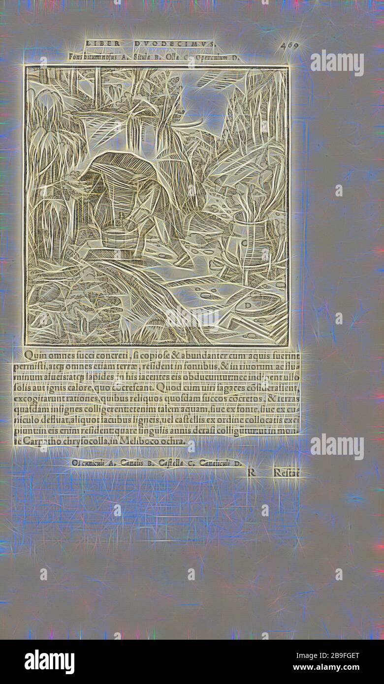 Pagina 469 Georgii agricole De re metallica: libri XII. Quibus officia, strumententa, machinae, ac omnia deni, que, ad metallicam spectantia, non modo luculentissimè describuntur, sed and per effigies, suis locis infertas, adiuntis latinis, germanicis, que, appellationibus ita ob oculos ponuntur, ut claritus non possint, Wooditeribletis, 1556, Woodteriustre, 1556, Elicit, 1556, 1556, Elicit, 1556, 1556, Elicit, 1556, Elicit, Elicit, 1556, 1556, 1556 Reinventata da Gibon, design di calda luce allegra di luminosità e raggi di luce radianza. Arte classica reinventata con un tocco moderno. Fotografia ispirata al futurismo, Foto Stock