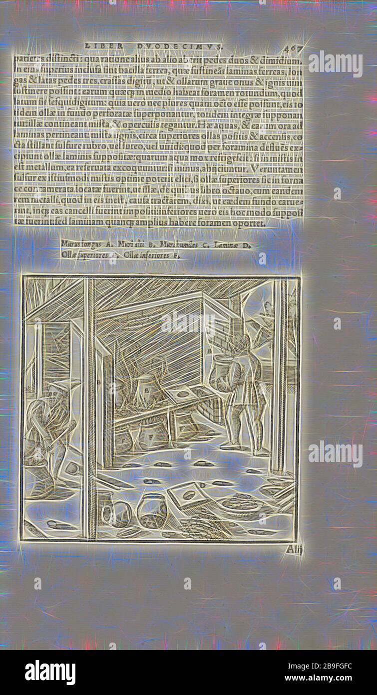 Pagina 467 Georgii agricole De re metallica: libri XII Quibus officia, strumententa, machinae, ac omnia deni, que, ad metallicam spectantia, non modo luculentissimè describuntur, sed and per effigies, suis locis infertas, adiuntis latinis, germanicis, que, appellationibus ita ob oculos ponuntur, ut claritus non possint, Wooditeribletis, 1556, Woodteriustre, 1556, Elicit, 1556, 1556, Elicit, 1556, 1556, Elicit, 1556, Elicit, Elicit, 1556, 1556, 1556 Reinventata da Gibon, design di calda luce allegra di luminosità e raggi di luce radianza. Arte classica reinventata con un tocco moderno. Fotografia ispirata al futurismo, Foto Stock