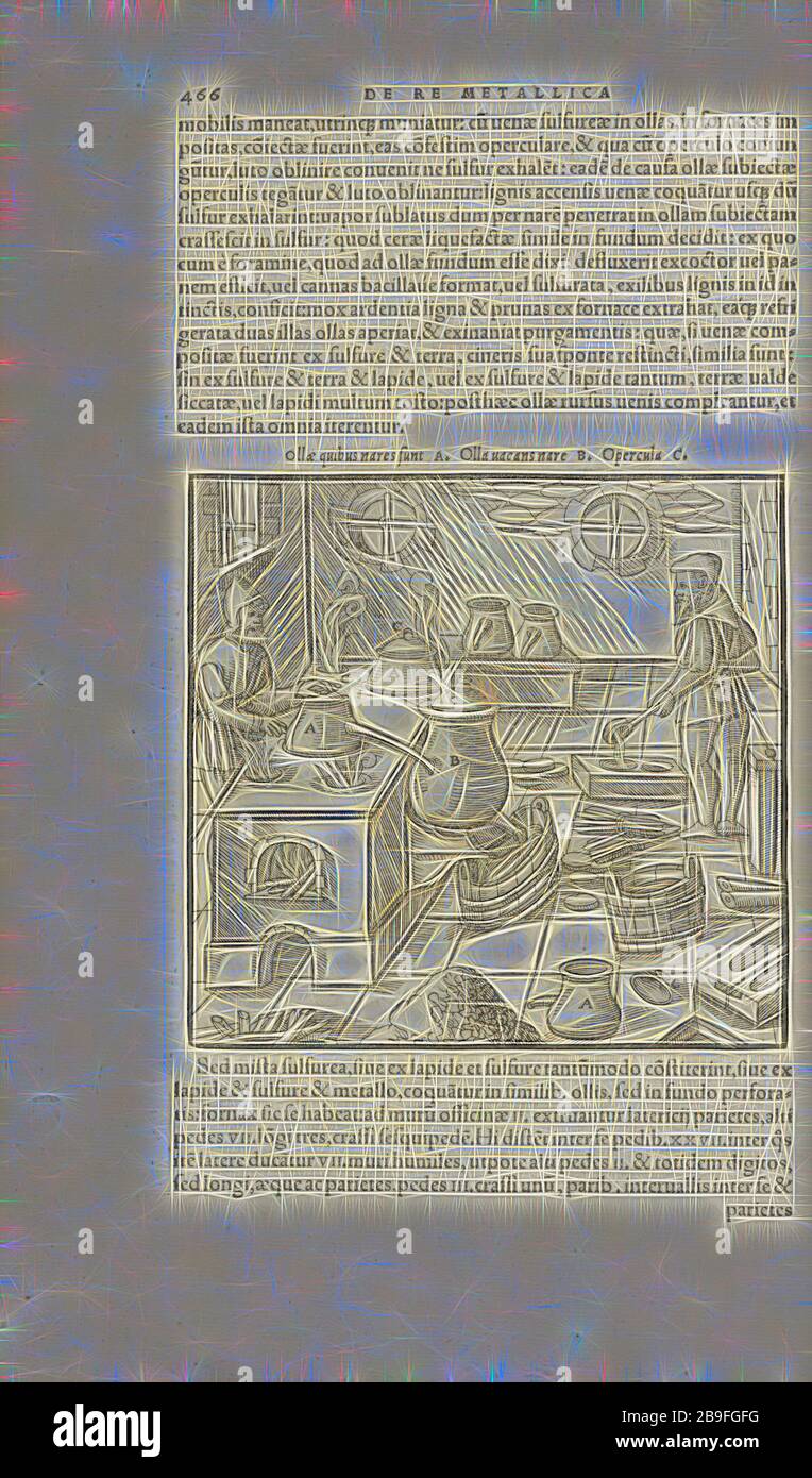 Pagina 466 Georgii agricole De re metallica: libri XII. Quibus officia, strumententa, machinae, ac omnia deni, que, ad metallicam spectantia, non modo luculentissimè describuntur, sed and per effigies, suis locis infertas, adiuntis latinis, germanicis, que, appellationibus ita ob oculos ponuntur, ut claritus non possint, Wooditeribletis, 1556, Woodteriustre, 1556, Elicit, 1556, 1556, Elicit, 1556, 1556, Elicit, 1556, Elicit, Elicit, 1556, 1556, 1556 Reinventata da Gibon, design di calda luce allegra di luminosità e raggi di luce radianza. Arte classica reinventata con un tocco moderno. Fotografia ispirata al futurismo, Foto Stock