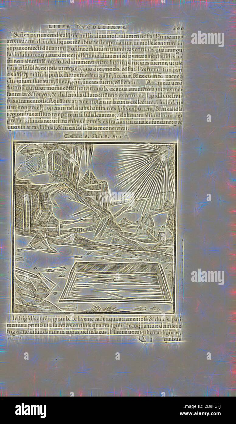 Pagina 461 Georgii agricole De re metallica: libri XII. Quibus officia, strumententa, machinae, ac omnia deni, que, ad metallicam spectantia, non modo luculentissimè describuntur, sed and per effigies, suis locis infertas, adiuntis latinis, germanicis, que, appellationibus ita ob oculos ponuntur, ut claritus non possint, Wooditeribletis, 1556, Woodteriustre, 1556, Elicit, 1556, 1556, Elicit, 1556, 1556, Elicit, 1556, Elicit, Elicit, 1556, 1556, 1556 Reinventata da Gibon, design di calda luce allegra di luminosità e raggi di luce radianza. Arte classica reinventata con un tocco moderno. Fotografia ispirata al futurismo, Foto Stock