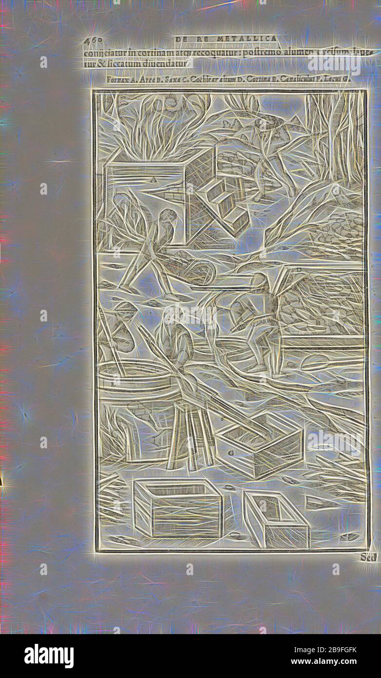 Pagina 460 Georgii agricole De re metallica: libri XII. Quibus officia, strumententa, machinae, ac omnia deni, que, ad metallicam spectantia, non modo luculentissimè describuntur, sed and per effigies, suis locis infertas, adiuntis latinis, germanicis, que, appellationibus ita ob oculos ponuntur, ut claritus non possint, Wooditeribletis, 1556, Woodteriustre, 1556, Elicit, 1556, 1556, Elicit, 1556, 1556, Elicit, 1556, Elicit, Elicit, 1556, 1556, 1556 Reinventata da Gibon, design di calda luce allegra di luminosità e raggi di luce radianza. Arte classica reinventata con un tocco moderno. Fotografia ispirata al futurismo, Foto Stock