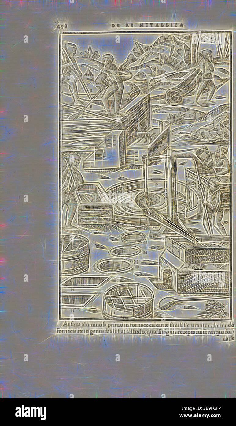 Pagina 458 Georgii agricole De re metallica: libri XII Quibus officia, strumententa, machinae, ac omnia deni, que, ad metallicam spectantia, non modo luculentissimè describuntur, sed and per effigies, suis locis infertas, adiuntis latinis, germanicis, que, appellationibus ita ob oculos ponuntur, ut claritus non possint, Wooditeribletis, 1556, Woodteriustre, 1556, Elicit, 1556, 1556, Elicit, 1556, 1556, Elicit, 1556, Elicit, Elicit, 1556, 1556, 1556 Reinventata da Gibon, design di calda luce allegra di luminosità e raggi di luce radianza. Arte classica reinventata con un tocco moderno. Fotografia ispirata al futurismo, Foto Stock