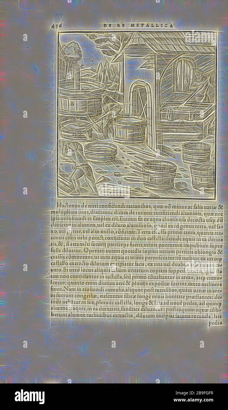 Pag. 456 Georgii agricole De re metallica: libri XII Quibus officia, strumententa, machinae, ac omnia deni, que, ad metallicam spectantia, non modo luculentissimè describuntur, sed and per effigies, suis locis infertas, adiuntis latinis, germanicis, que, appellationibus ita ob oculos ponuntur, ut claritus non possint, Wooditeribletis, 1556, Woodteriustre, 1556, Elicit, 1556, 1556, Elicit, 1556, 1556, Elicit, 1556, Elicit, Elicit, 1556, 1556, 1556 Reinventata da Gibon, design di calda luce allegra di luminosità e raggi di luce radianza. Arte classica reinventata con un tocco moderno. Fotografia ispirata al futurismo, Foto Stock